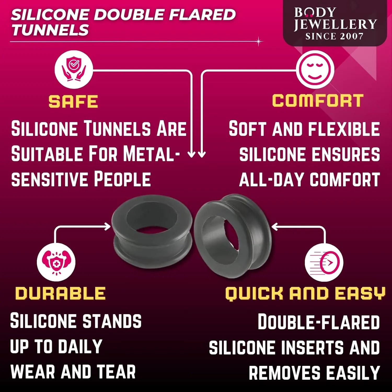 Black Implant grade sili Double Flare Tunnel Plug SI01 Ear Stretching Stretcher Piercing 2Pcs