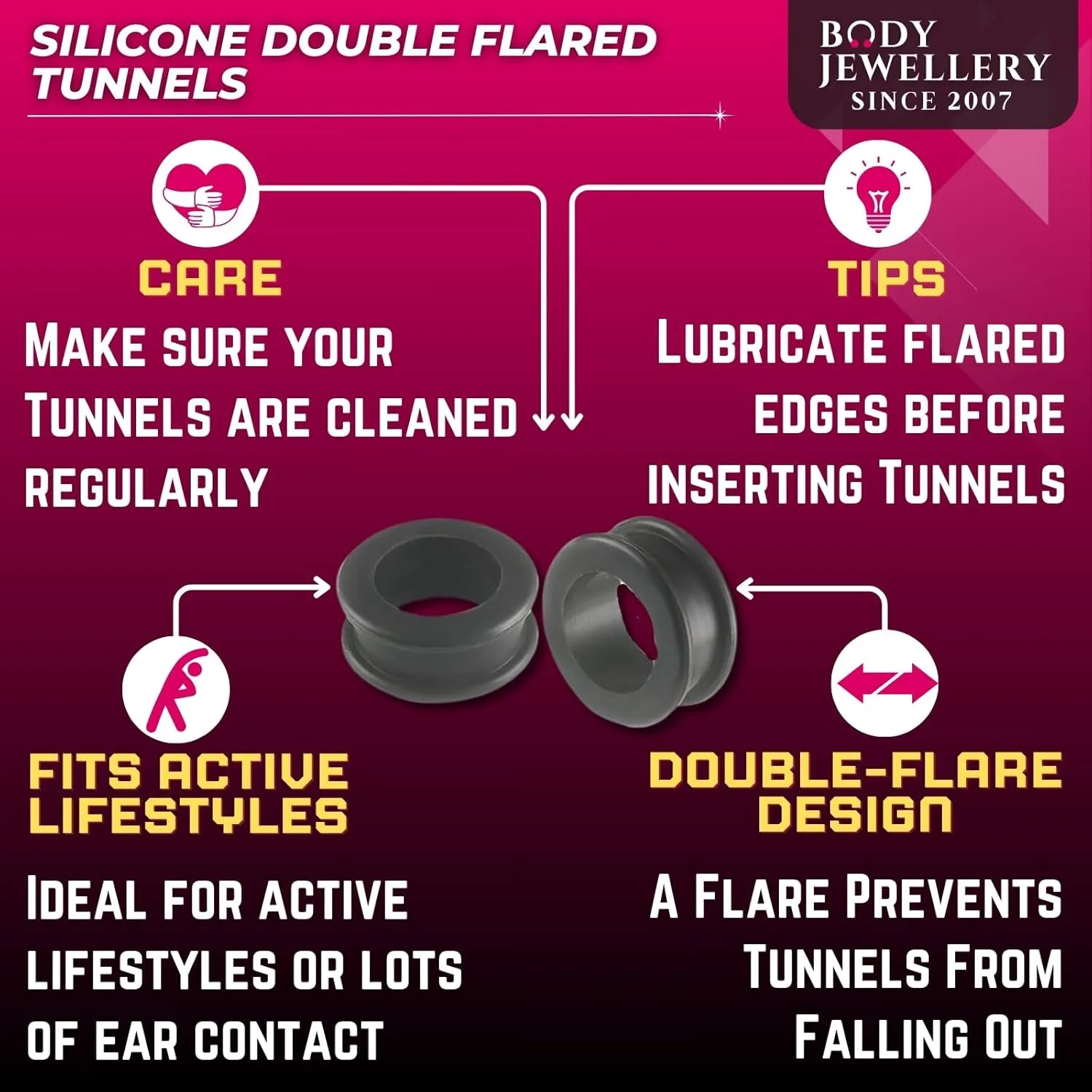 Black Implant grade sili Double Flare Tunnel Plug SI01 Ear Stretching Stretcher Piercing 2Pcs