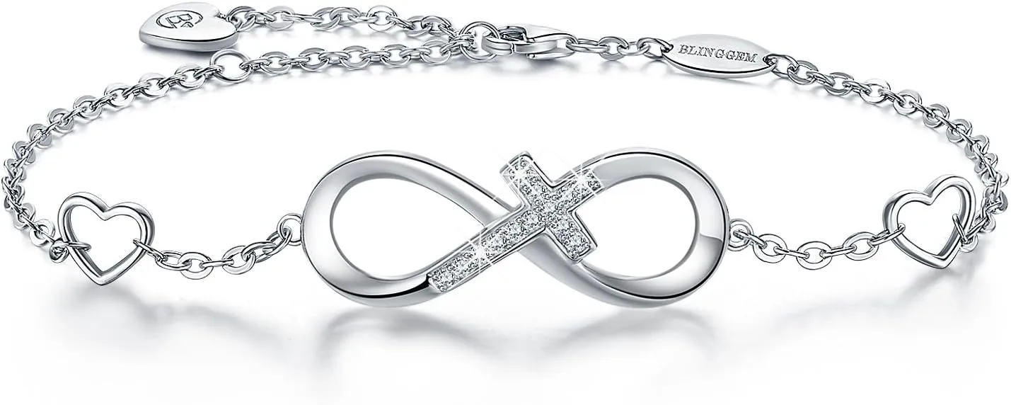 BlingGem Bracelet for Women Infinity Cross 925 Sterling Silver Cubic Zirconia Religious Cross Infinity Love Charm Bracelet Birthday Jewelry Gifts for Women Wife