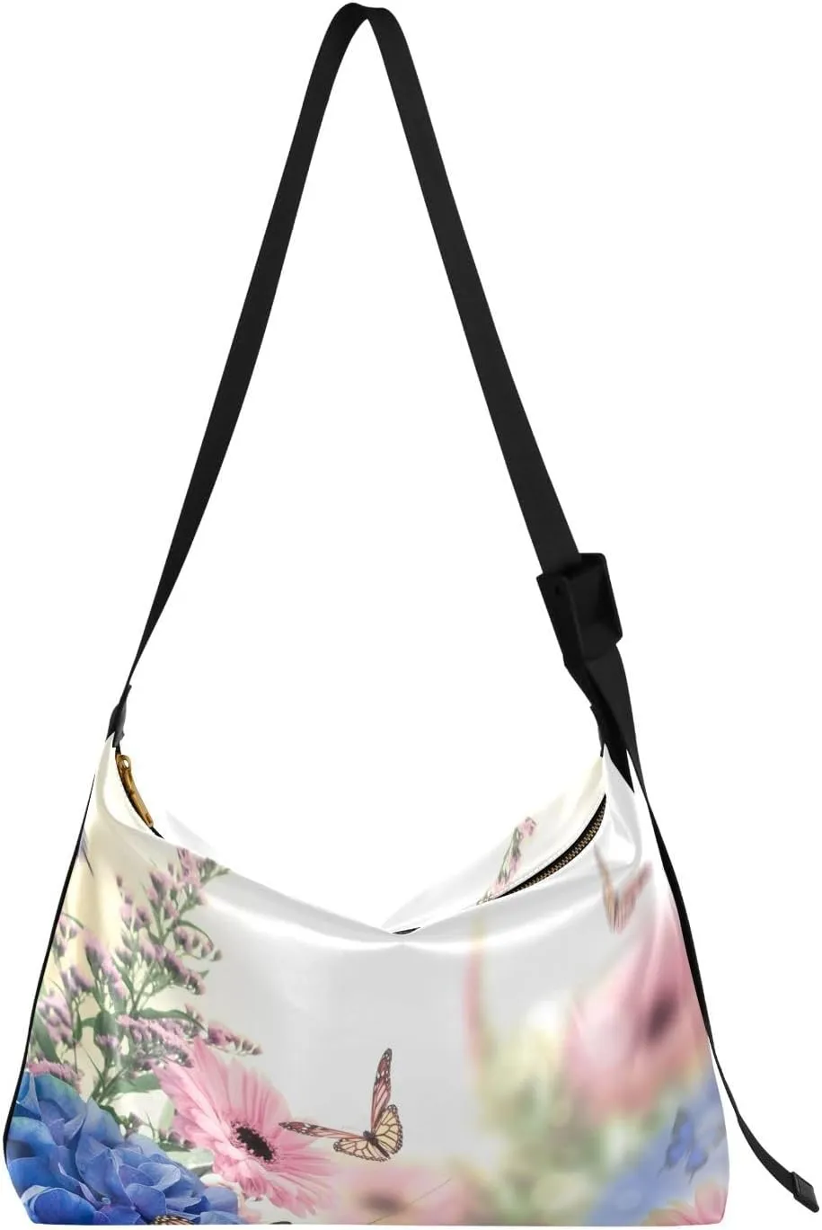 Blue Pink Butterfly Hobo Crossbody Bags for Women Leather Large Shoulder Bag Cross Body Hydrangeas Daisies Trendy Womens Tote Bags Handbag for Travel Shopping