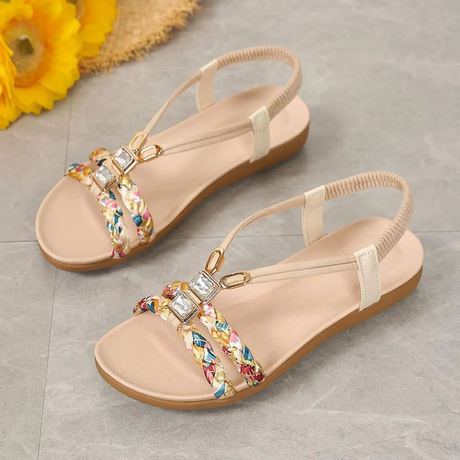 Bohemian Beach Sandals Orthopedic Wedge for Women Ankle Strap Flip Flops Jeweled Flat Summer Low Heels Sandal Platform Comfort Non Slip Woven Rhinestone Beaded Sparkly Bling Lace Flower Shoes