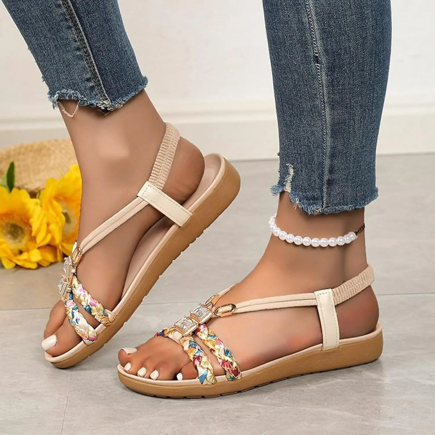 Bohemian Beach Sandals Orthopedic Wedge for Women Ankle Strap Flip Flops Jeweled Flat Summer Low Heels Sandal Platform Comfort Non Slip Woven Rhinestone Beaded Sparkly Bling Lace Flower Shoes