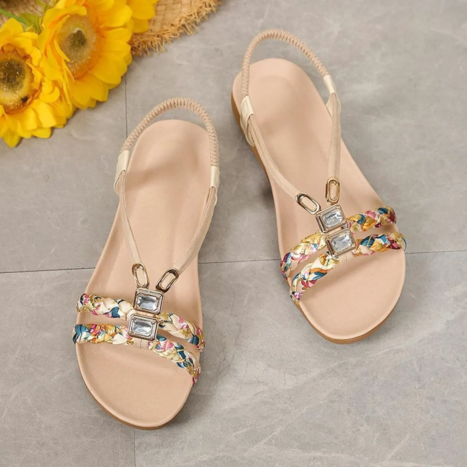 Bohemian Beach Sandals Orthopedic Wedge for Women Ankle Strap Flip Flops Jeweled Flat Summer Low Heels Sandal Platform Comfort Non Slip Woven Rhinestone Beaded Sparkly Bling Lace Flower Shoes