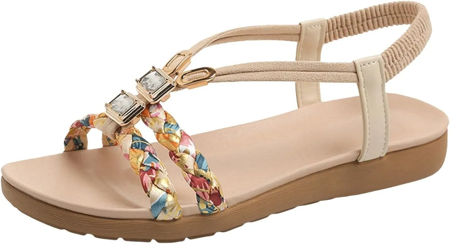 Bohemian Beach Sandals Orthopedic Wedge for Women Ankle Strap Flip Flops Jeweled Flat Summer Low Heels Sandal Platform Comfort Non Slip Woven Rhinestone Beaded Sparkly Bling Lace Flower Shoes