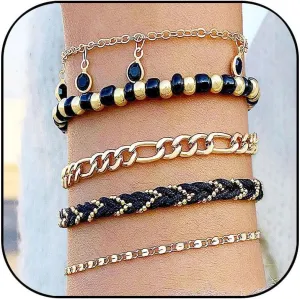 Bohemian Stackable Gold Beaded Stretch Bracelets, Surfer Heishi Clay Bead Bracelets, Unique Style Layering Friendship Bracelets Set,14K Real Gold Plated Bead Ball Bracelet, Boho Jewelry 5pcs