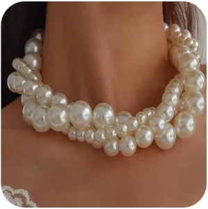Boho 3 Tier Pearls Choker Necklace Dainty Pearls Short Choker Chunky 3 Tier Pearls Choker for Women Vintage Layered Pearls Choker Necklace for Women for Wedding, white