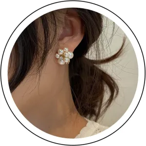 Boho Cluster Pearl Stud Earrings Gold Crystal Pearl Earrings Beaded Pearl Dangle Earrings Pearl Flower Ball Earrings Pearl Wedding Cluster Earrings Jewelry for Women