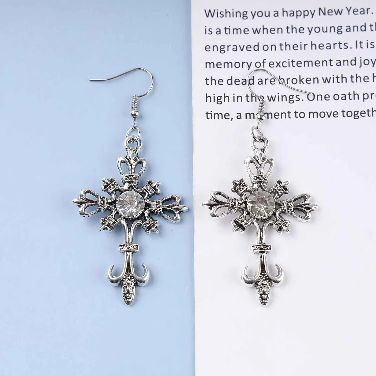 Boho Gothic Cross Dangle Hook Earrings Cz Cross Drop Earrings Cross Faith Earrings Crystal Filled Cross Earrings Silver Religion Earrings for Women