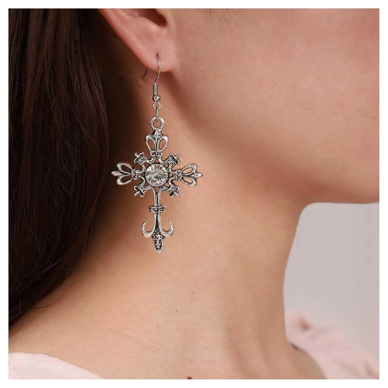 Boho Gothic Cross Dangle Hook Earrings Cz Cross Drop Earrings Cross Faith Earrings Crystal Filled Cross Earrings Silver Religion Earrings for Women