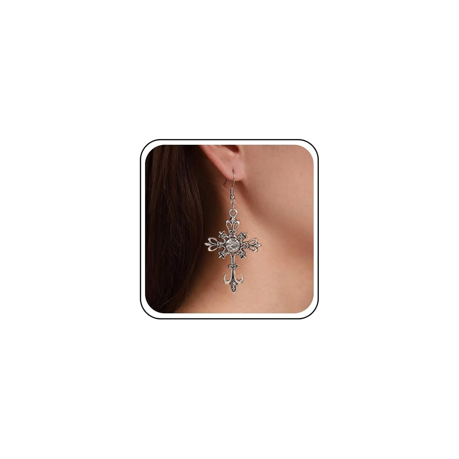 Boho Gothic Cross Dangle Hook Earrings Cz Cross Drop Earrings Cross Faith Earrings Crystal Filled Cross Earrings Silver Religion Earrings for Women