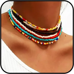 Boho Layered Beaded Necklaces Colorful Beads Choker Necklace Handmade Cute Chokers Set Beach Adjustable Neck Jewelry for Women(7PCS)