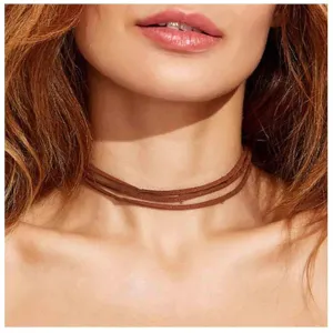 Boho Layered Leather Choker Necklace Brown Suede Choker Necklace Short Velvet Necklaces Punk Vintage Necklace Jewelry for Women (Brown)
