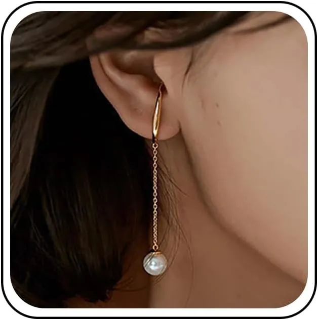 Boho Pearl Ear Cuff Earrings Gold Pearl Cuff Wrap Earrings Pearl Cartilage Cuff Earrings Long Pearl Tassel Earrings Pearl Crawler Cuff Earrings No Piercing Earrings Jewelry for Women