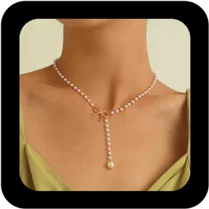 Boho Pearl Y Lariat Necklace Chain Pearl Beaded Choker Necklaces Bow Knot Necklace Pearls Y Drop Necklaces Chain Jewelry for Women