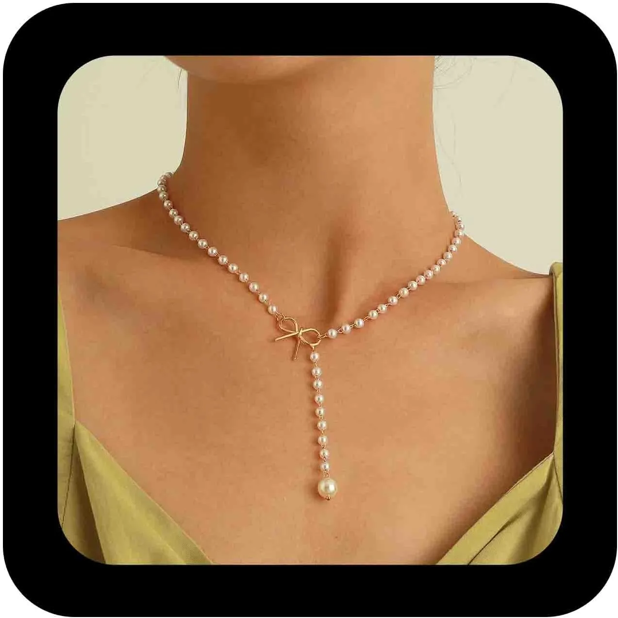 Boho Pearl Y Lariat Necklace Chain Pearl Beaded Choker Necklaces Bow Knot Necklace Pearls Y Drop Necklaces Chain Jewelry for Women