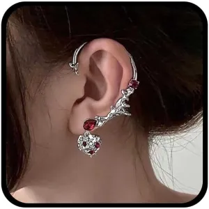 Boho Ruby Climber Cuff Earrings Silver Ruby Ear Cuff Earrings Teardrop Ruby Earrings Ruby Heart Dangle Earrings Heart Ear Wrap Earrings Ruby Ear Crawler Earrings Jewelry for Women