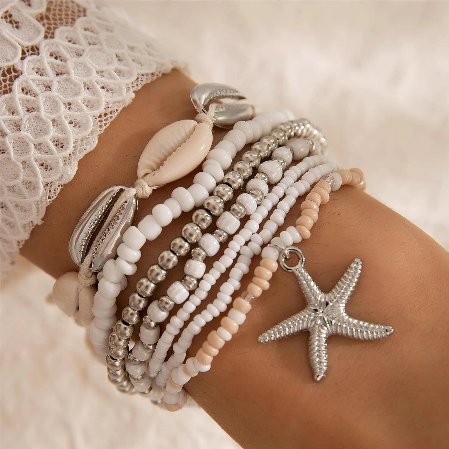 Boho Shell Beaded Bracelet Set for Women Shell Bracelets Stackable Beach Summer Bracelets Cute Beaded Jewelry