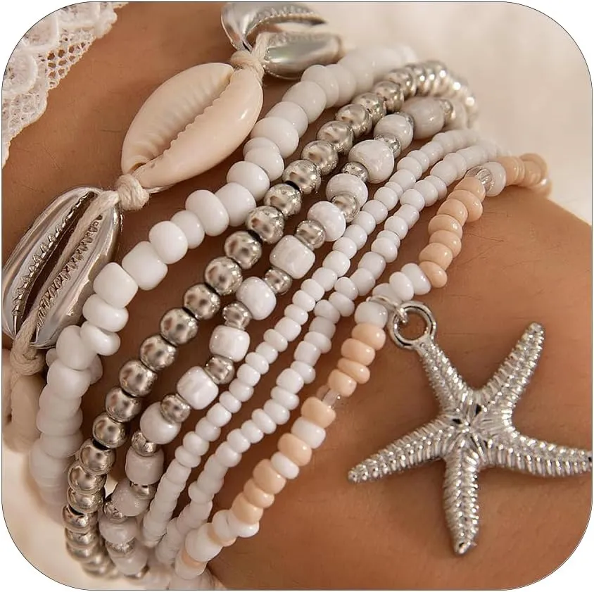 Boho Shell Beaded Bracelet Set for Women Shell Bracelets Stackable Beach Summer Bracelets Cute Beaded Jewelry