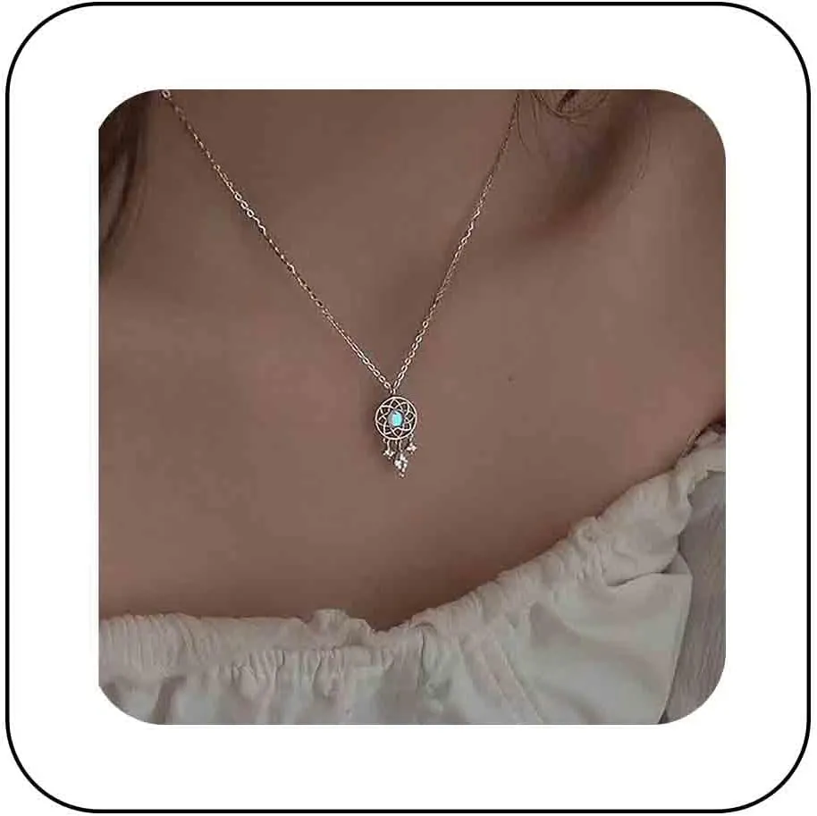 Boho Silver Dream Catcher Pendant Necklace Nature Moonstone Necklace CZ Dream Catcher Choker Necklaces Teardrop Crystal Necklaces Jewelry for Women