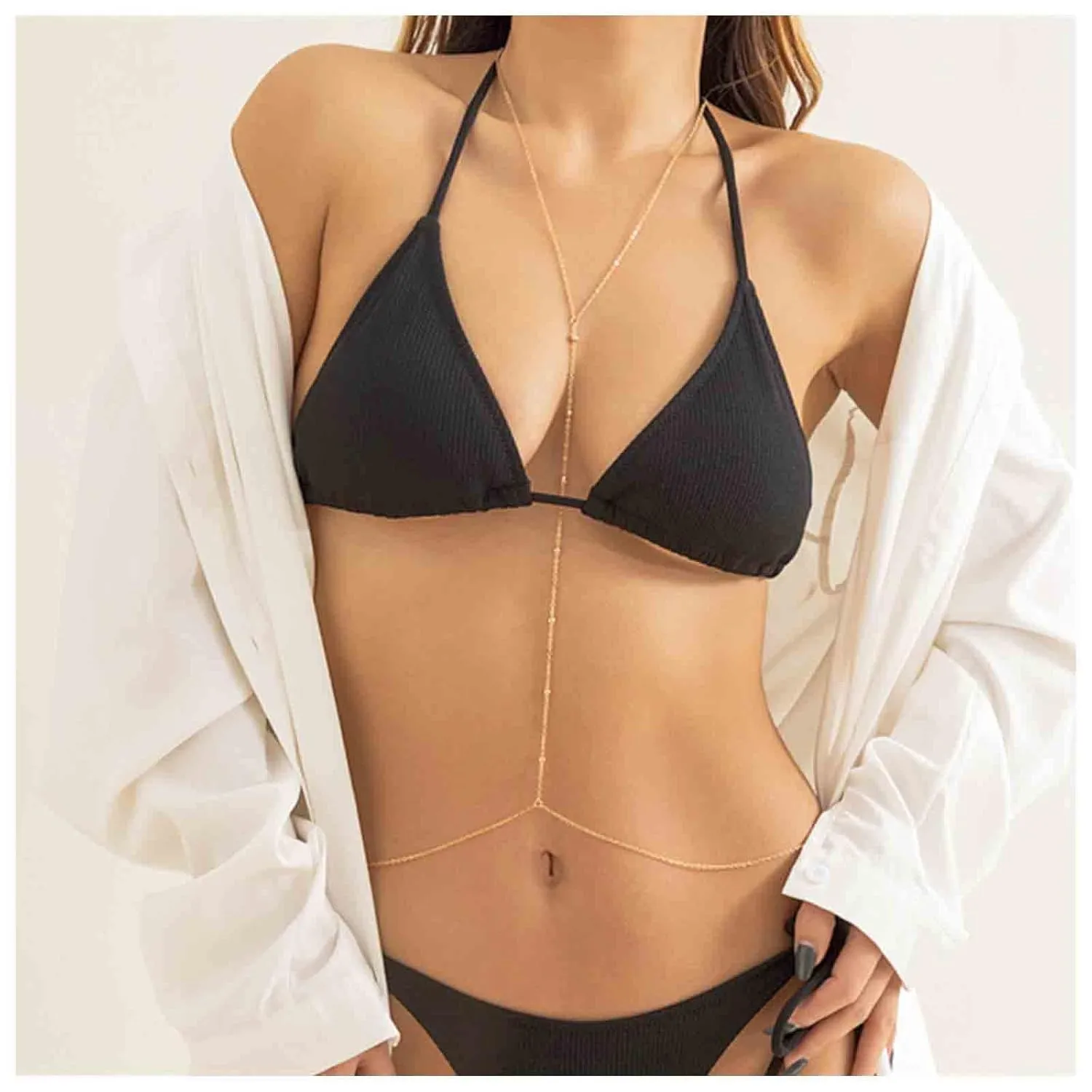 Boho Slave Chain Body Necklace Gold Bikini Bra Chain Necklaces Long Bead Harness Bra Necklaces Beach Body Chain Jewelry for Women Summer (Gold)