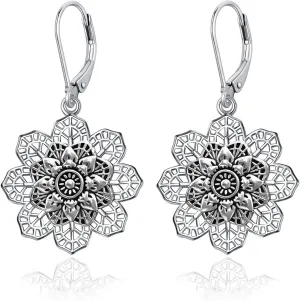 Boho Vintage Flower Earrings for Women, Silver Leverback Hollow Bohemian Dangle Drop Earrings Mandala Tribal Floral Earring Western Indian Jewelry