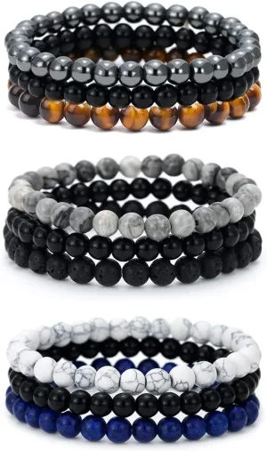 BOMAIL 9pcs Gemstone Beaded Bracelets for Men Women 6mm Round Beads Bracelets Set Semi-Precious Gemstone Beads Bracelets Matte Lava Rock Volcanic Tiger Eye Stone Yoga Healing Energy Crystal Stretch Bracelets Set Unisex