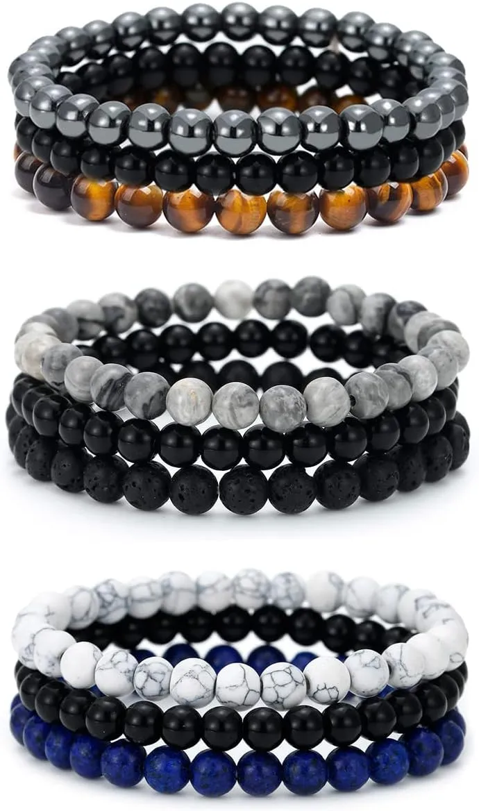 BOMAIL 9pcs Gemstone Beaded Bracelets for Men Women 6mm Round Beads Bracelets Set Semi-Precious Gemstone Beads Bracelets Matte Lava Rock Volcanic Tiger Eye Stone Yoga Healing Energy Crystal Stretch Bracelets Set Unisex