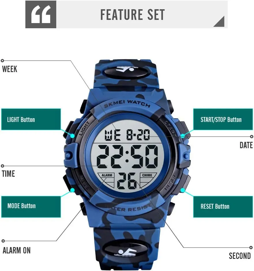 Boys Watch Digital Sports Waterproof Outdoor Kids Watches Alarm Clock 12/24 H Stopwatch Calendar 3-15 Year Old Boys Girls Wristwatch