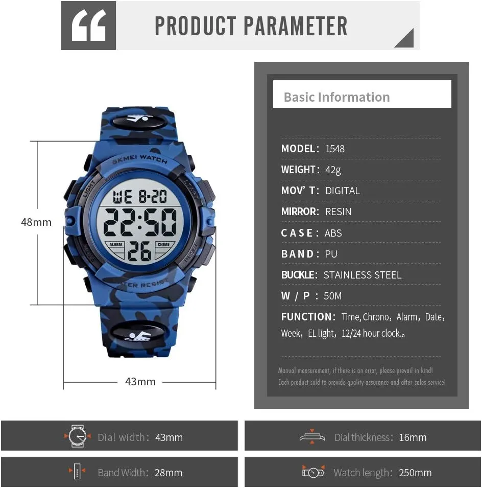 Boys Watch Digital Sports Waterproof Outdoor Kids Watches Alarm Clock 12/24 H Stopwatch Calendar 3-15 Year Old Boys Girls Wristwatch