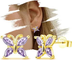 Butterfly Earrings for Girls Trendy - 14k White Gold Plated Hypoallergenic Earrings Gold dainty Earrings Silver Cartilage Earrings Birthstone Stud Earrings Post Gifts for Women Teens