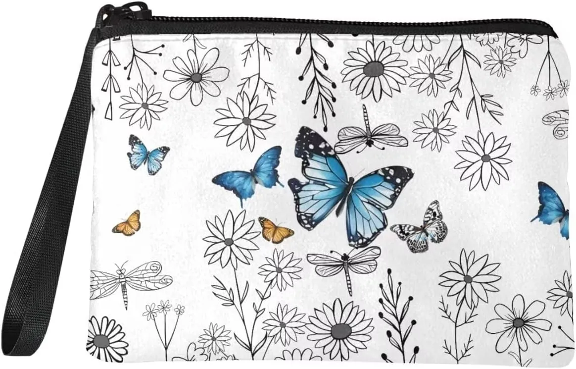 Butterfly Flower Print Coins Purse Women Portable Change Purse Mini Wallet Coins Bags Headphones Pouch Storage Bag for Key Cards Lipstick Cash