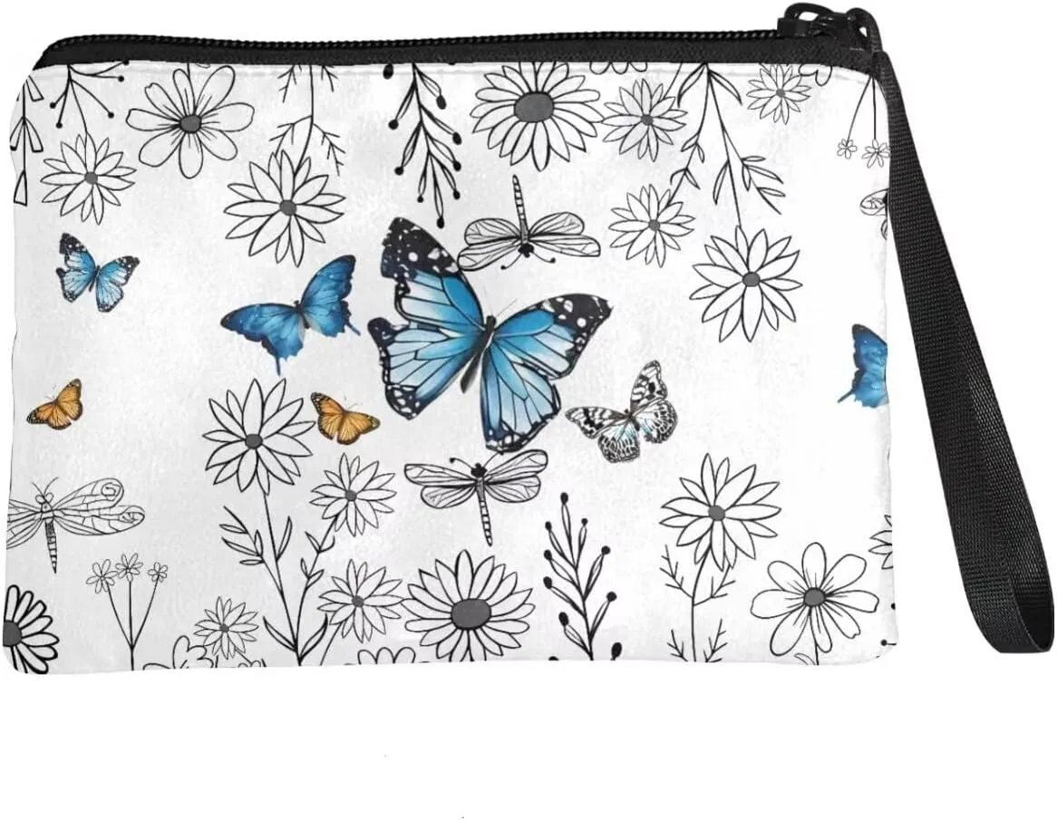 Butterfly Flower Print Coins Purse Women Portable Change Purse Mini Wallet Coins Bags Headphones Pouch Storage Bag for Key Cards Lipstick Cash