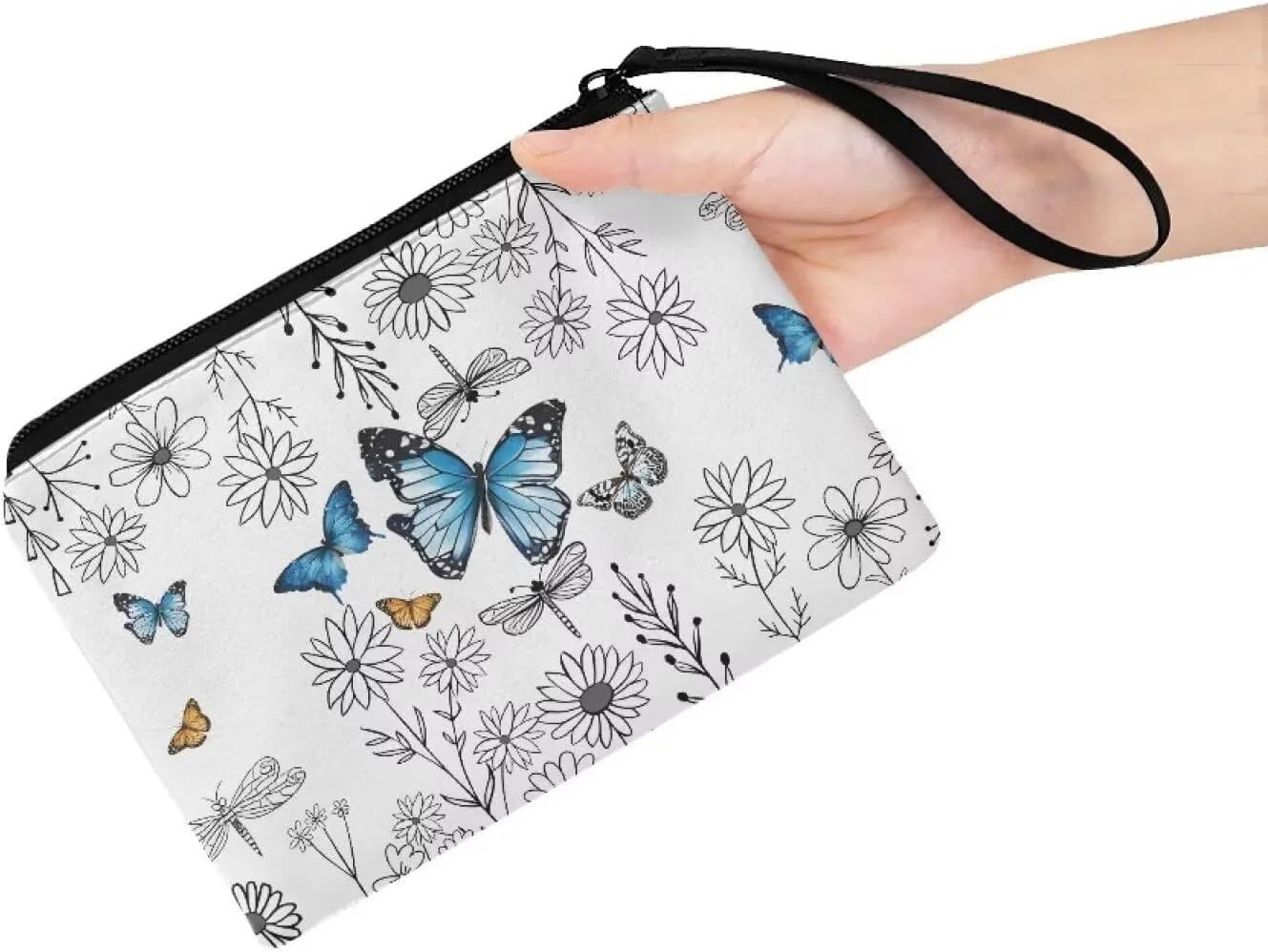 Butterfly Flower Print Coins Purse Women Portable Change Purse Mini Wallet Coins Bags Headphones Pouch Storage Bag for Key Cards Lipstick Cash