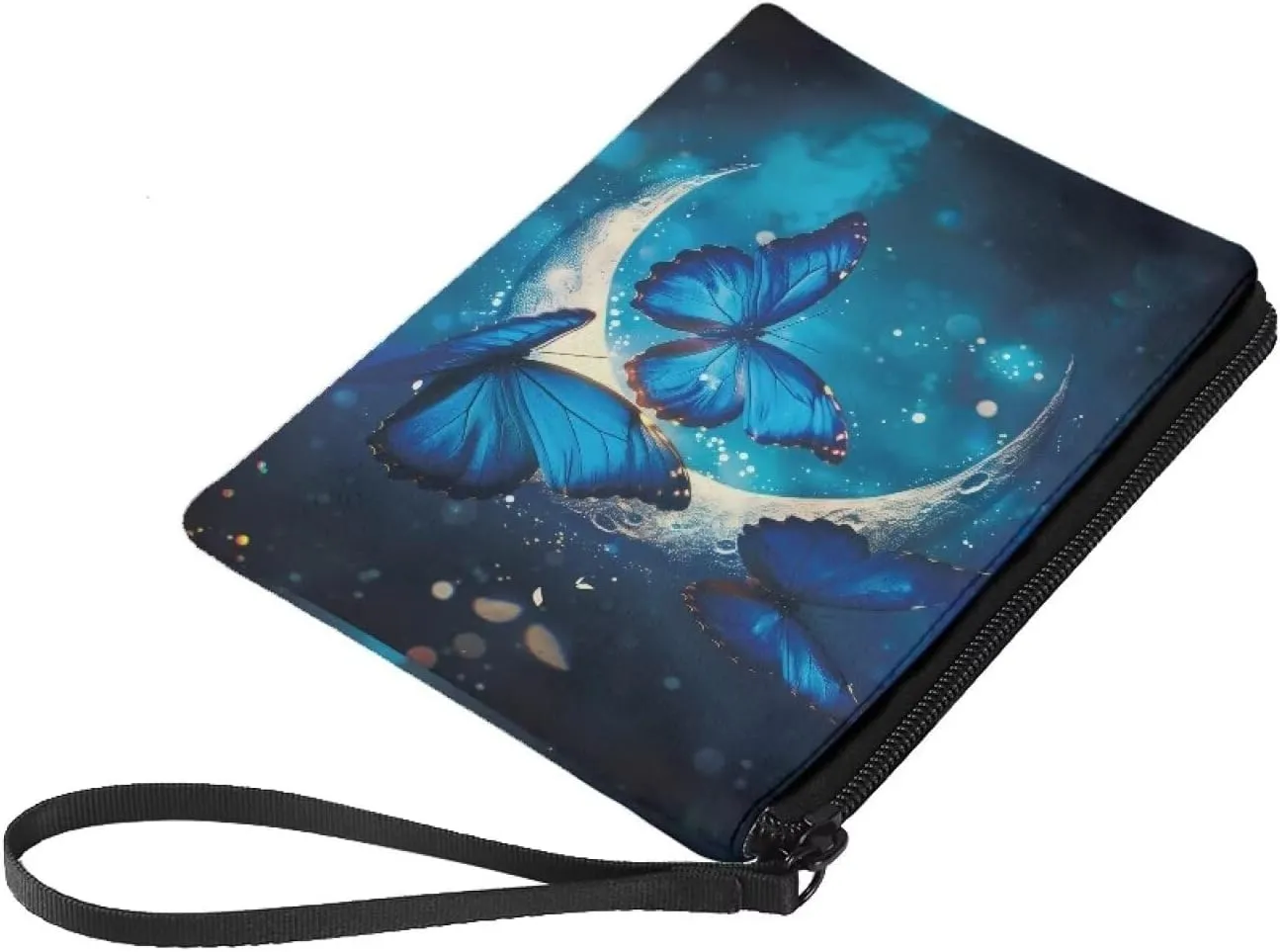 Butterfly Moon Pattern Coins Purse, Mini Wallet Bag, Lightweight, Change Pouch with Wristlet Strap Zipper for Cards Keys Cash Headphones Storage