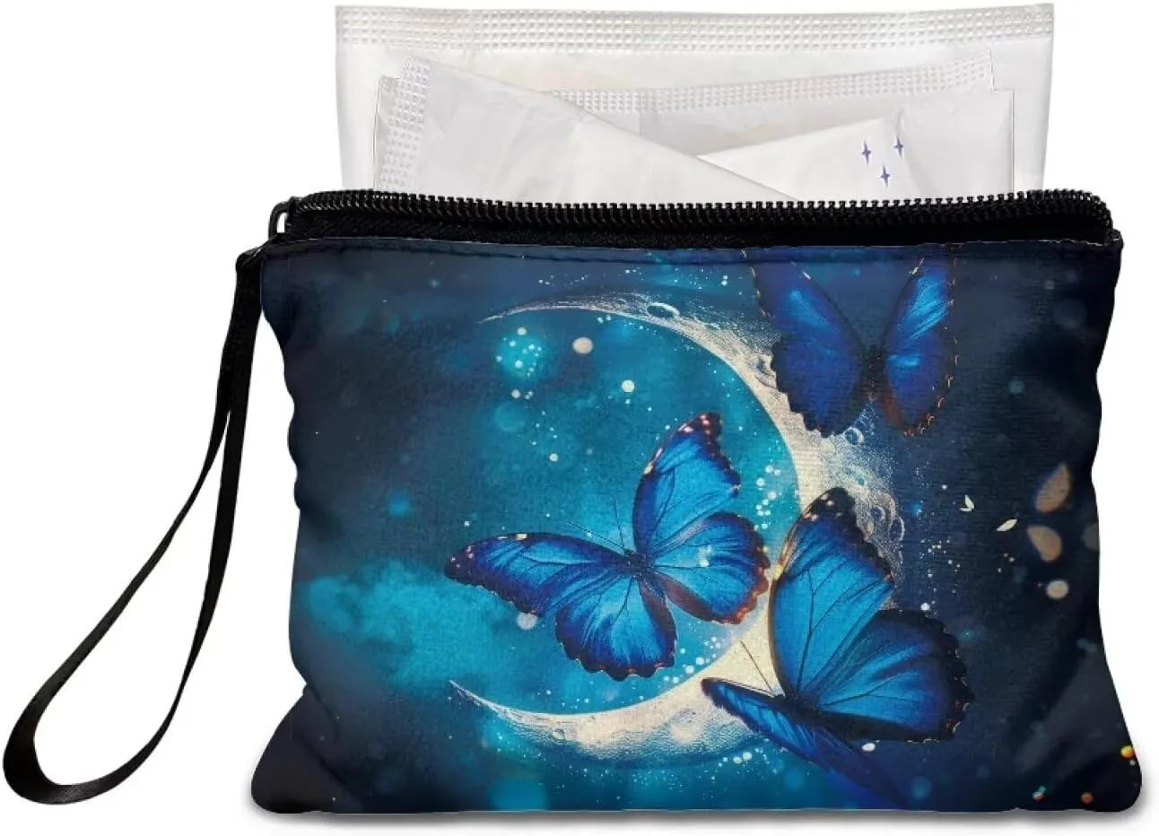 Butterfly Moon Pattern Coins Purse, Mini Wallet Bag, Lightweight, Change Pouch with Wristlet Strap Zipper for Cards Keys Cash Headphones Storage