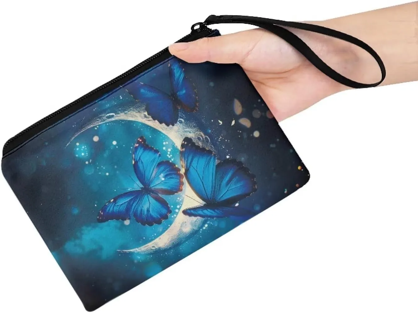 Butterfly Moon Pattern Coins Purse, Mini Wallet Bag, Lightweight, Change Pouch with Wristlet Strap Zipper for Cards Keys Cash Headphones Storage