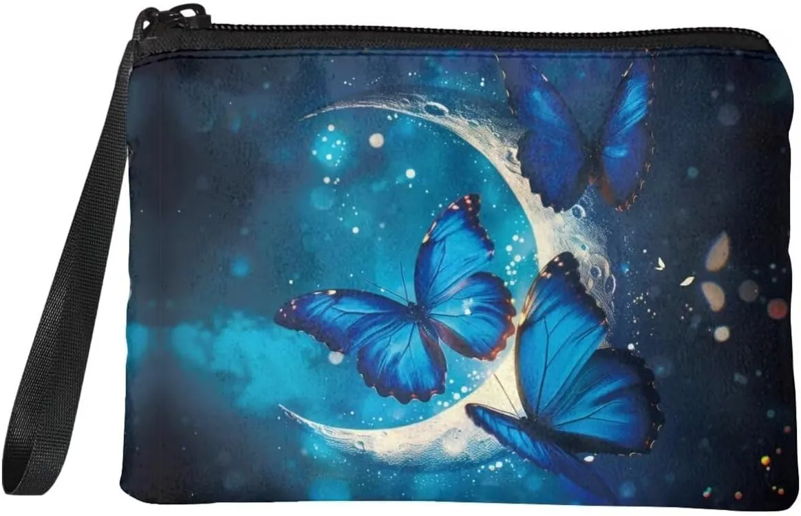 Butterfly Moon Pattern Coins Purse, Mini Wallet Bag, Lightweight, Change Pouch with Wristlet Strap Zipper for Cards Keys Cash Headphones Storage