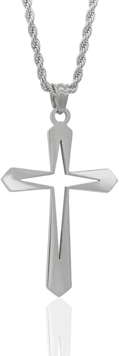 Caiyao Stainless Steel Hollow Star Cross Pendant Necklaces Hypoallergenic Hollow Cross Cool Silver Cross Charm Necklaces for Women Men Delicate Jewelry