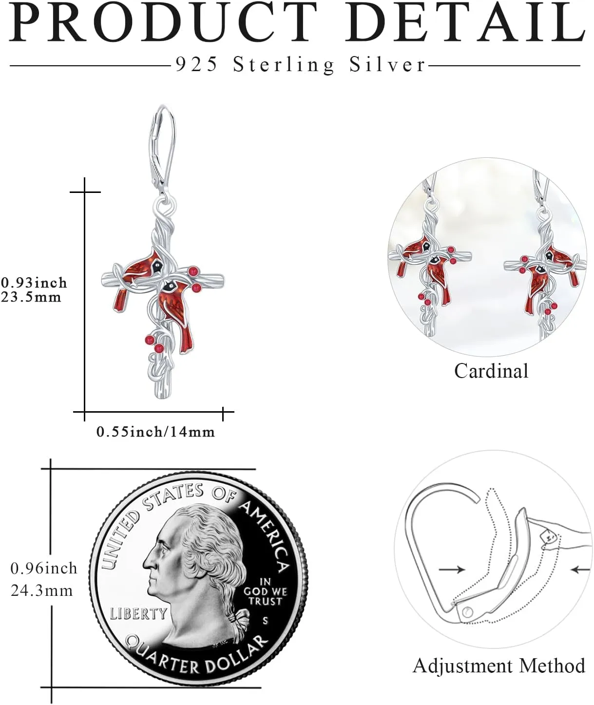 Cardinal Earrings 925 Sterling Silver Cross Cardinal Earrings Red Bird Earrings for Women Hypoallergenic Memorial Sympathy Cardinal Jewelry Gift