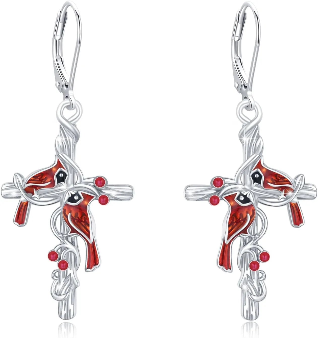 Cardinal Earrings 925 Sterling Silver Cross Cardinal Earrings Red Bird Earrings for Women Hypoallergenic Memorial Sympathy Cardinal Jewelry Gift