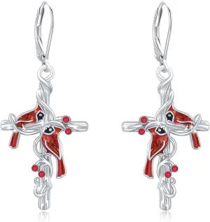 Cardinal Earrings 925 Sterling Silver Cross Cardinal Earrings Red Bird Earrings for Women Hypoallergenic Memorial Sympathy Cardinal Jewelry Gift