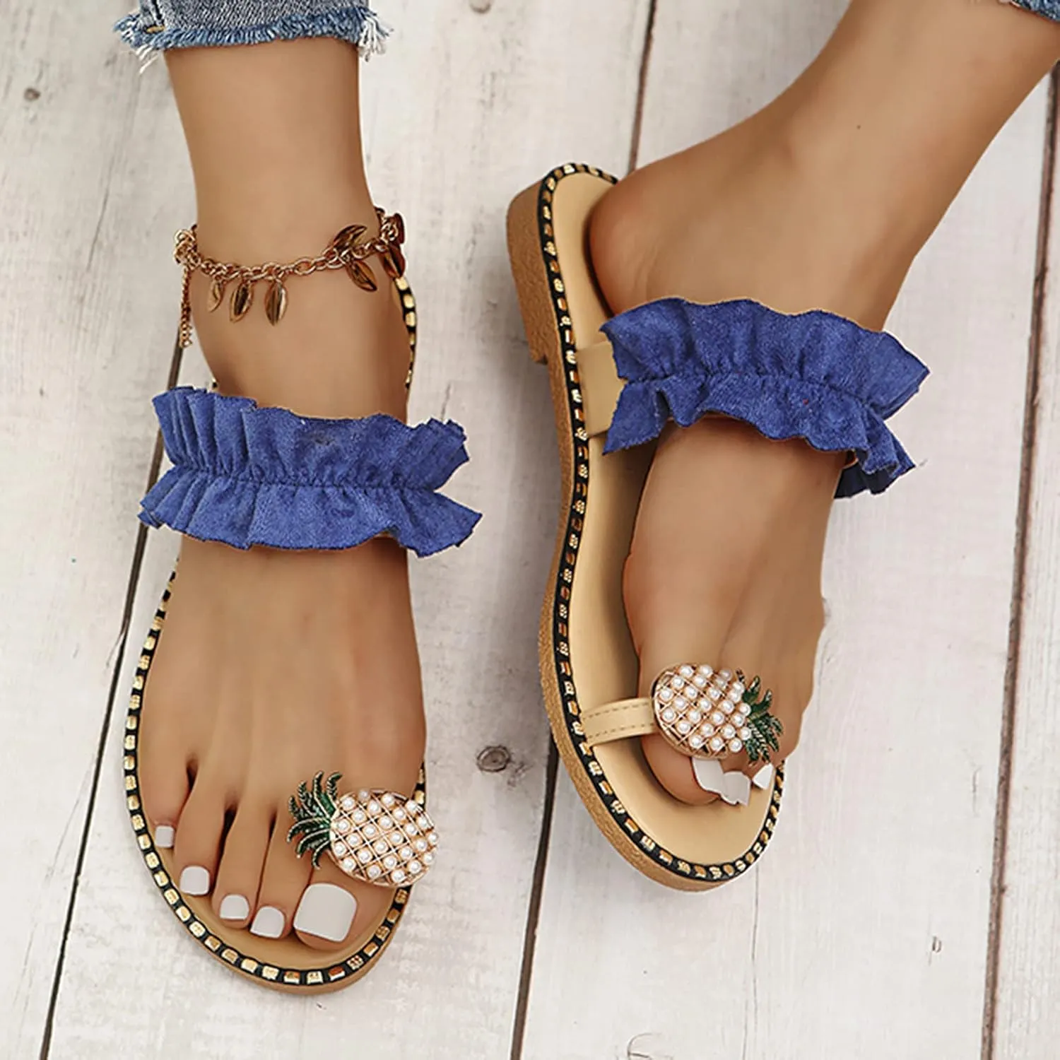 Cathalem Platform Sandals for Women Summer Dressy Casual Flip Flops Beaded Shoes Women Clip Toe Boho Comfortable Beach Sandals