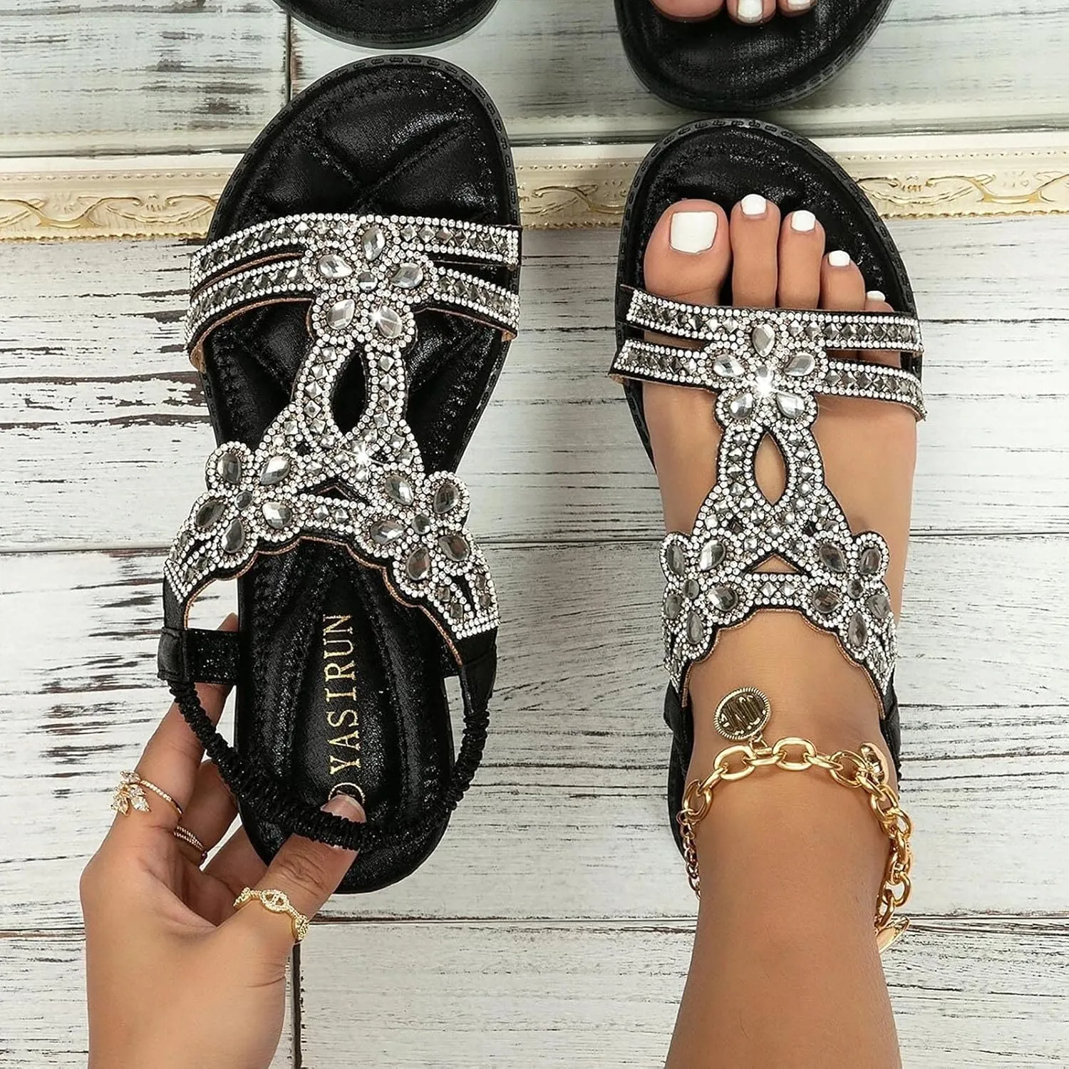 Cathalem Sandals for women 2024 Flat Women's Rhinestone Beaded Flower Bohemia Low Heeled Sandals