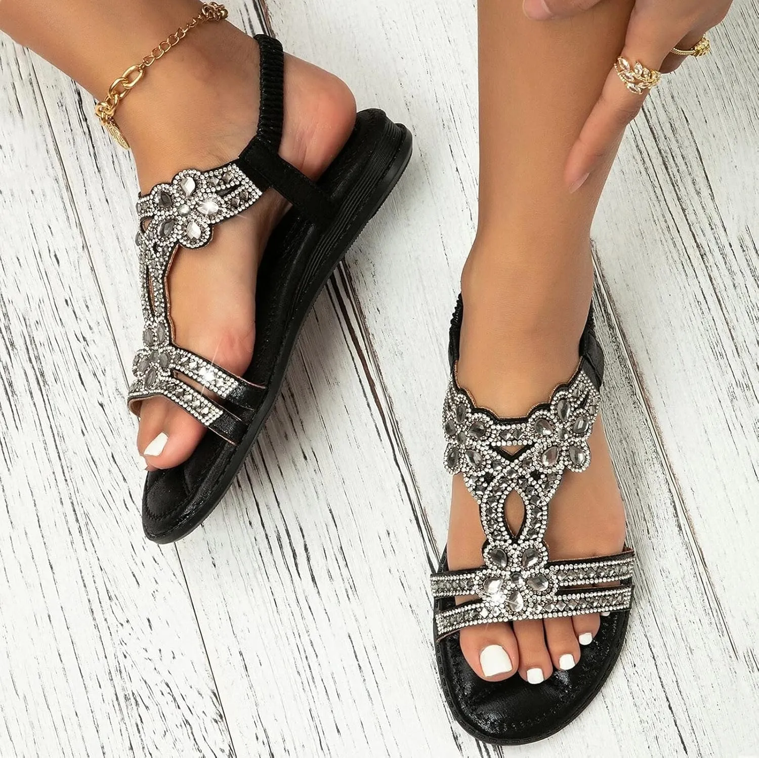 Cathalem Sandals for women 2024 Flat Women's Rhinestone Beaded Flower Bohemia Low Heeled Sandals