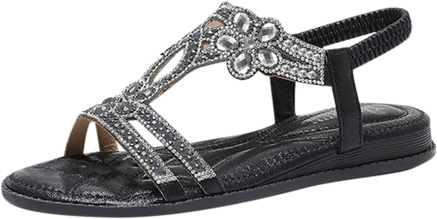 Cathalem Sandals for women 2024 Flat Women's Rhinestone Beaded Flower Bohemia Low Heeled Sandals