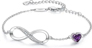 CDE Infinity Heart Birthstone Charm Link Bracelet for Women 925 Sterling Silver Adjustable Mother's Day Gift Anniversary Birthday Jewelry for Wife Girlfriend Her