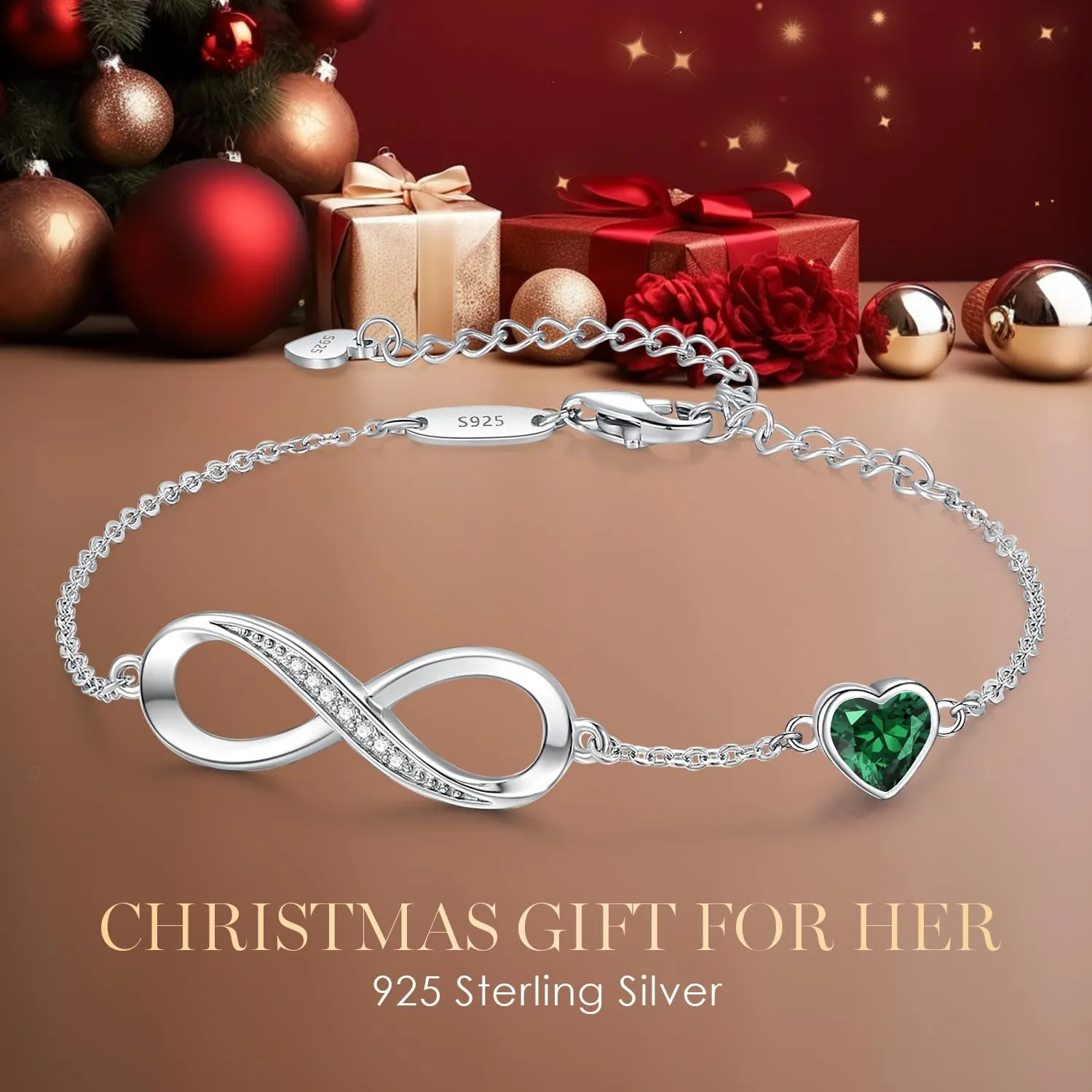 CDE Infinity Heart Birthstone Charm Link Bracelet for Women 925 Sterling Silver Adjustable Mother's Day Gift Anniversary Birthday Jewelry for Wife Girlfriend Her