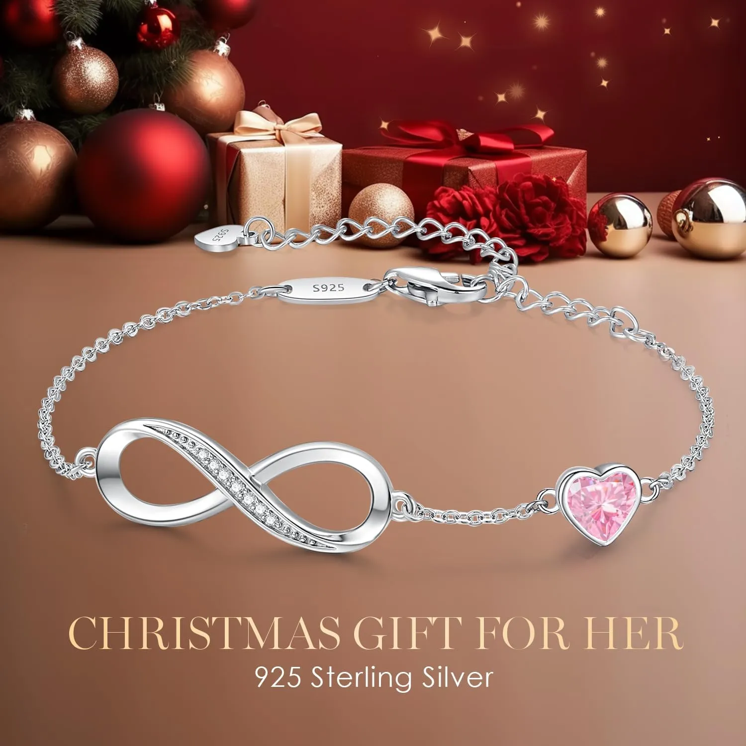 CDE Infinity Heart Birthstone Charm Link Bracelet for Women 925 Sterling Silver Adjustable Mother's Day Gift Anniversary Birthday Jewelry for Wife Girlfriend Her