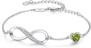 CDE Infinity Heart Birthstone Charm Link Bracelet for Women 925 Sterling Silver Adjustable Mother's Day Gift Anniversary Birthday Jewelry for Wife Girlfriend Her