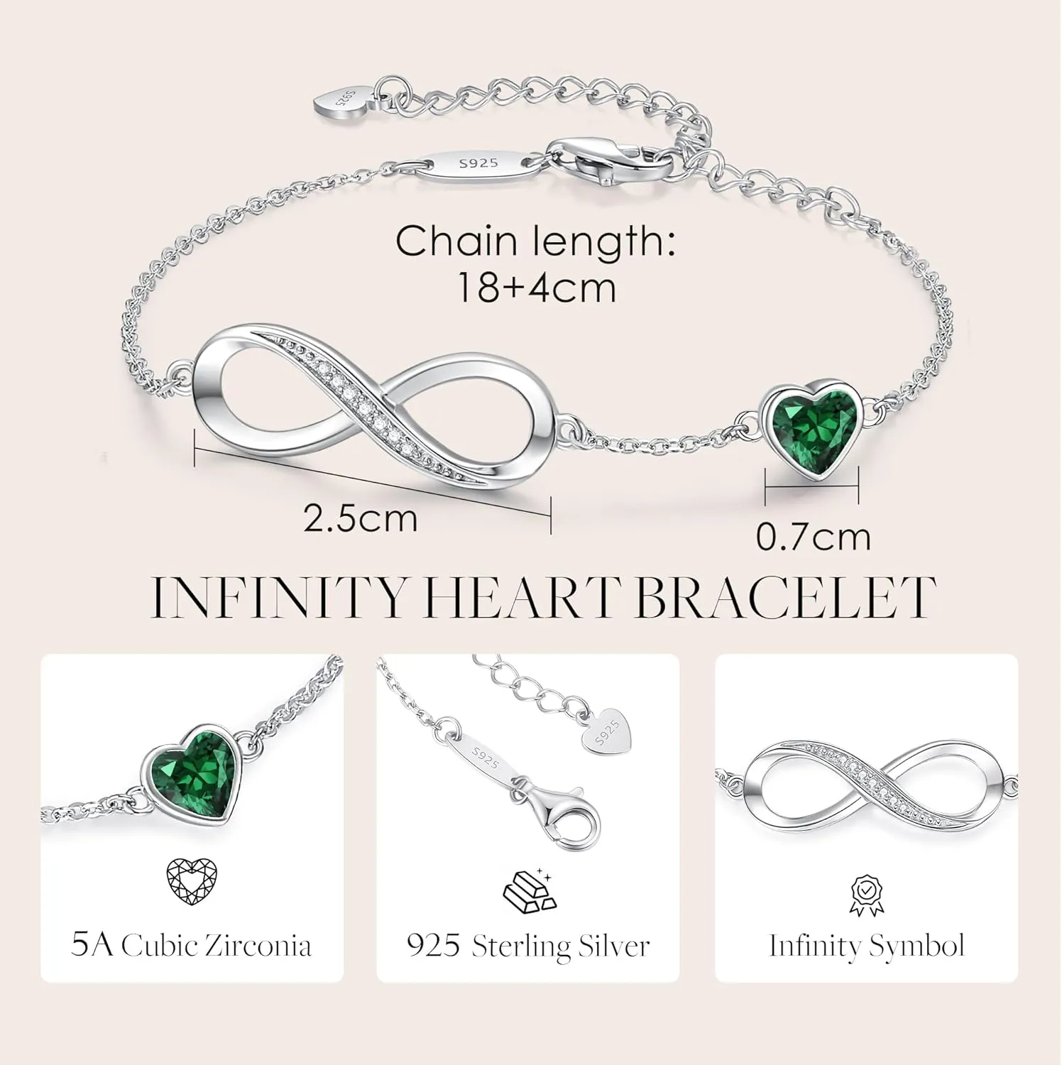 CDE Infinity Heart Birthstone Charm Link Bracelet for Women 925 Sterling Silver Adjustable Mother's Day Gift Anniversary Birthday Jewelry for Wife Girlfriend Her